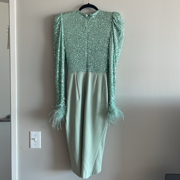 Lavish Alice Sequin Feather Embellished Belted Bodycon Dress in Sage - Picture 8 of 9
